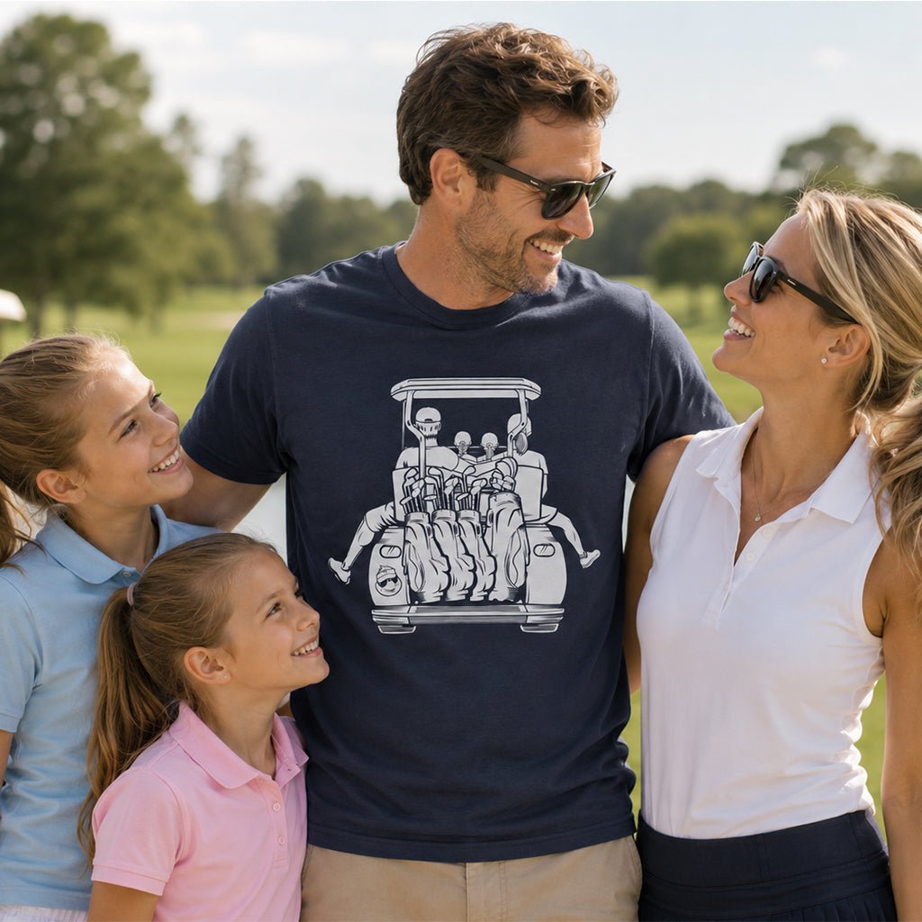 Dad with 2 Daughters & Mom Golf Cart Adventure Shirt - F. King Golf