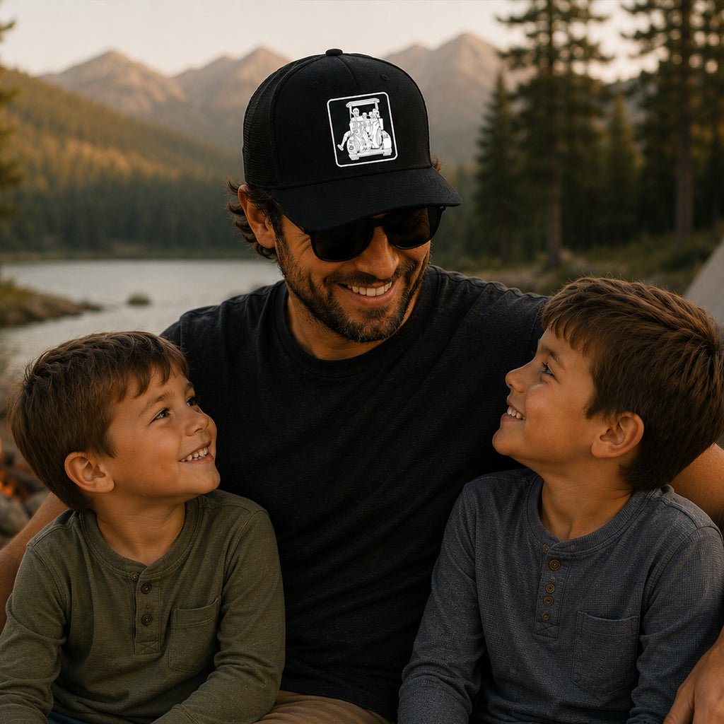 Dad with 2 Sons Fitted Golf Cart Adventure Hat - F. King Golf