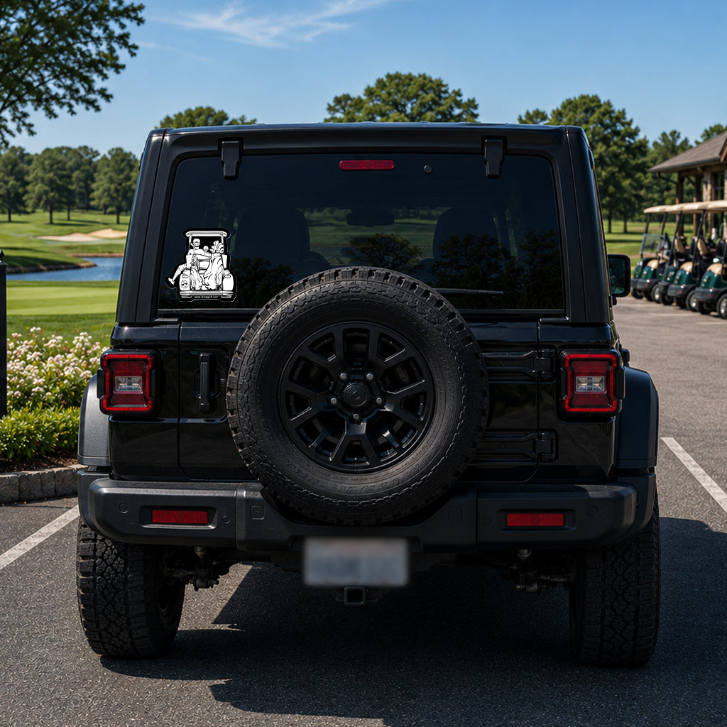 Black Jeep Wrangler parked on a golf course with a clear sky.