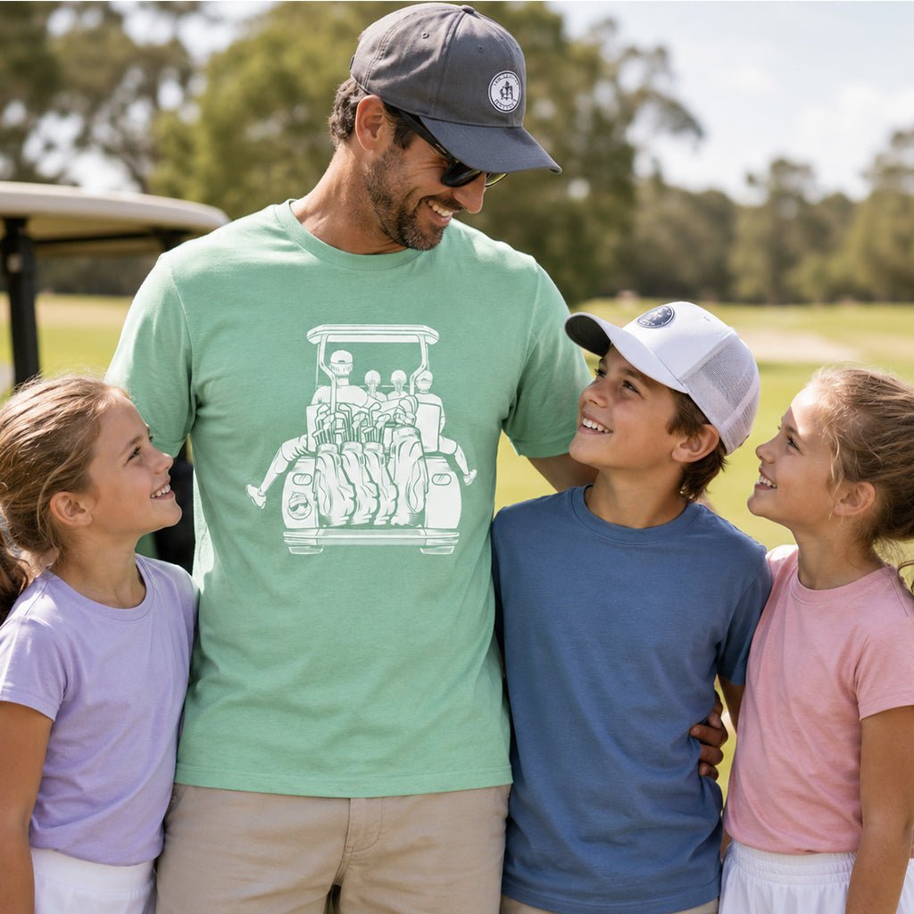 Dad with 2 Daughters & Son Golf Cart Adventure Shirt - F. King Golf