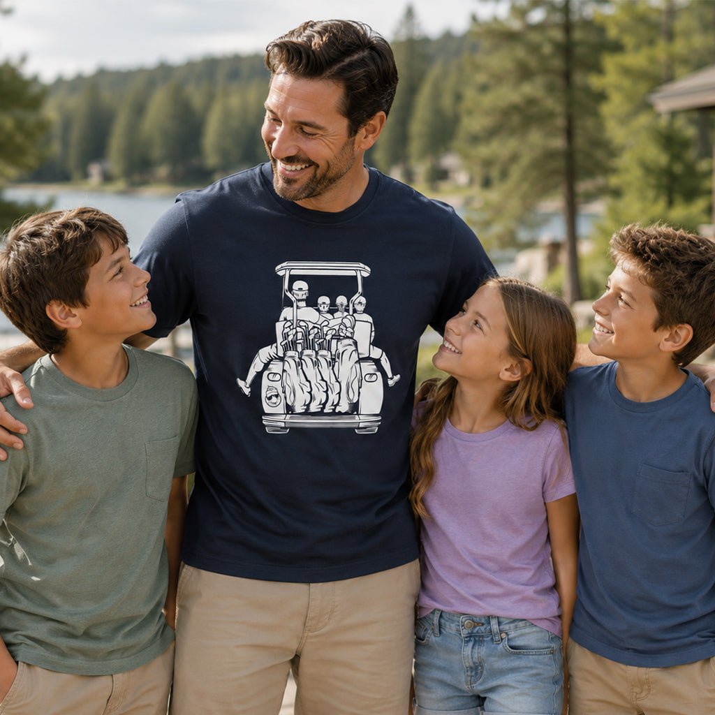 Dad with 2 Sons & Daughter Golf Cart Adventure Shirt - F. King Golf